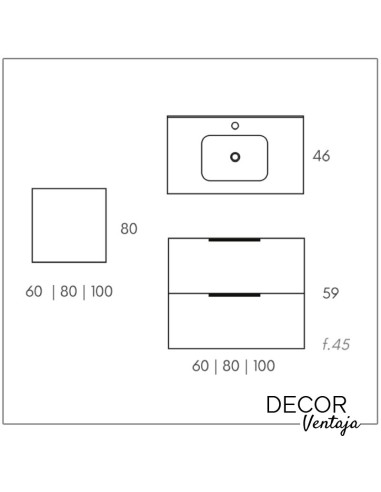 Mueble de baño de 2 cajones suspendido mod. BORA BORA + encimera. Esquema de medidas