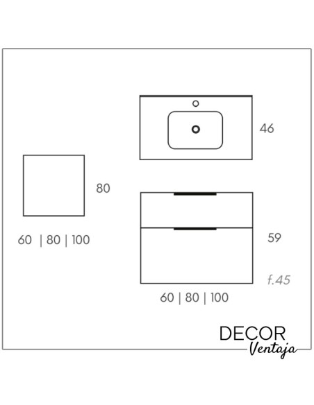 Mueble de baño de 2 cajones suspendido mod. TAHITÍ + encimera. Cotas y medidas