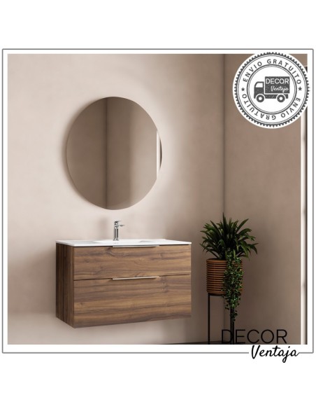 Mueble de baño de 2 cajones suspendido mod. TAHITÍ + encimera. Ambiente mueble nogal