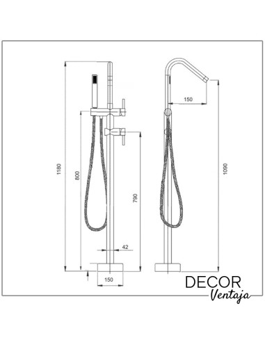 Grifo para bañera exenta negro. Modelo Cilindric redondo. Cotas y medidas