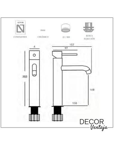 Grifo alto monomando cromo para lavabo sobre encimera. Modelo Flip. Cotas  y medidas