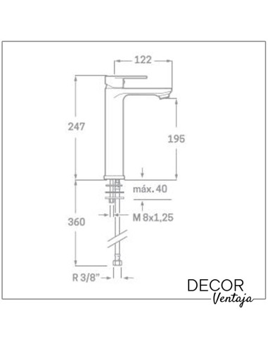 Grifo alto monomando cromo para lavabo sobre encimera. Modelo Tubular. Cotas y medidas