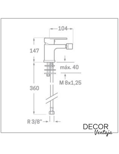 Grifo monomando de bidé cromo. Modelo Tubular, cotas y medidas