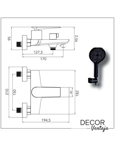 Grifo monomando de baño - ducha. Modelo Manila Negro mate - Oro cepillado. Cotas