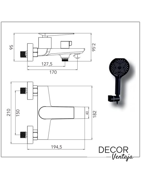 Grifo monomando de baño - ducha. Modelo Manila Negro mate - Cooper cepillado. Cotas