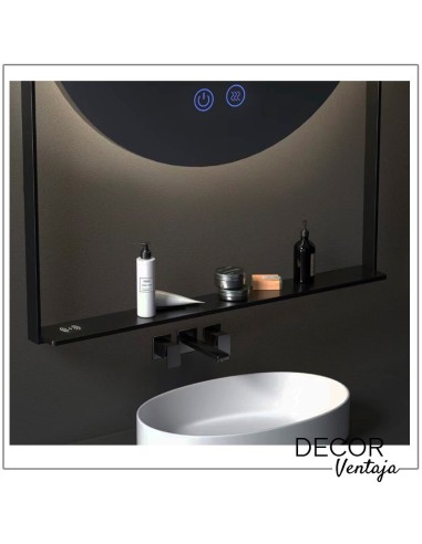Espejo de baño circular mod. Zaidin LED con repisa metálica. Detalle marco metálico negro