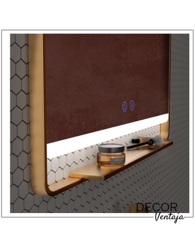 Espejo de baño rectangular mod. Generalife LED con repisa metálica. Detalle repisa oro cepillado