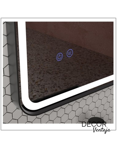 Espejo de baño rectangular mod. Almona LED. Detalle marco metálico negro