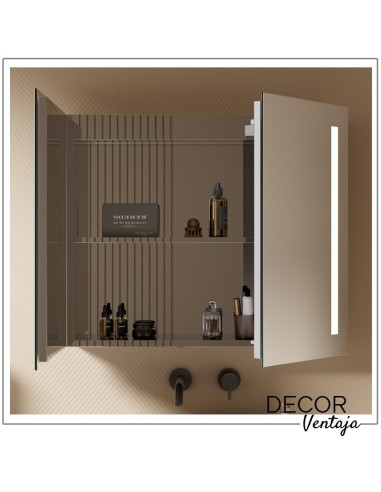 Espejo de baño camerino 2 puertas biled con espejo interior mod. Monaita LED. Detalle balda y espejo interior