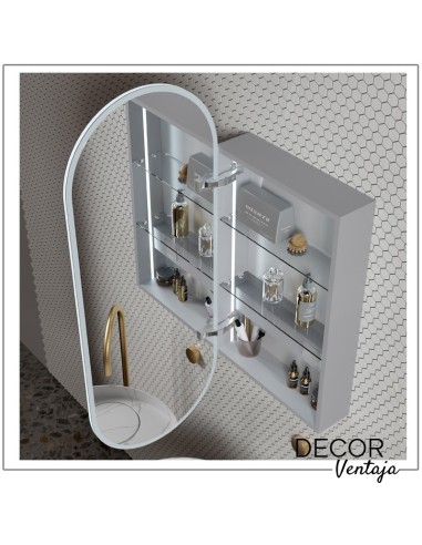 Espejo de baño camerino 1 puerta ovalado mod. Beiro LED. Detalle baldas interiores