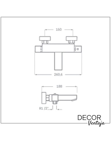 Grupo termostático para bañera y ducha cromado. Modelo Square. Medidas y cotas