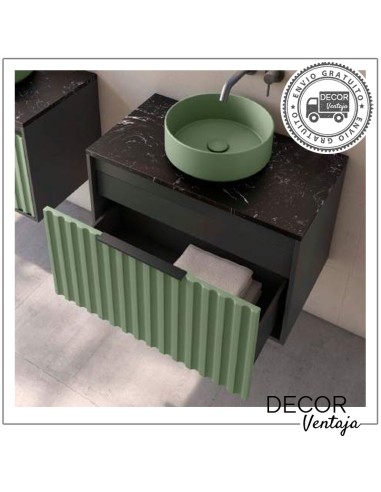 Mueble de baño de 2 cajones suspendido mod. SAONA+ encimera. Ambiente mueble negro y verde oliva detalle