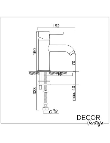Grifo monomando cromado para lavabo. Modelo Dart. Cotas y medidas