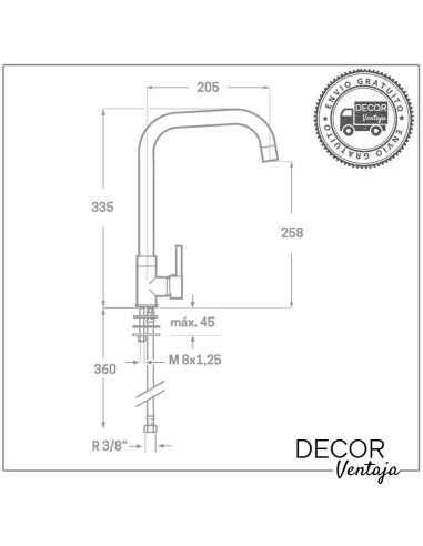 Grifo monomando de fregadero cromo. Modelo Momo tubo recto. Cotas