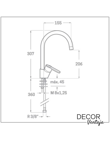 Grifo monomando de fregadero cromo. Modelo Melilla Cisne. Medidas