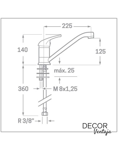 Grifo monomando de fregadero cromo. Modelo Murcia caño tubo. Medidas