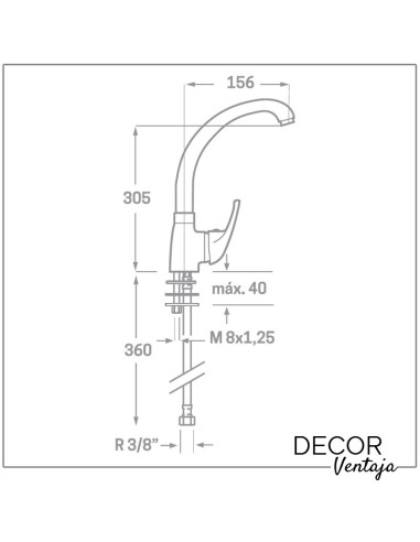 Grifo monomando de fregadero cromo. Modelo Murcia caño fundido. Medidas