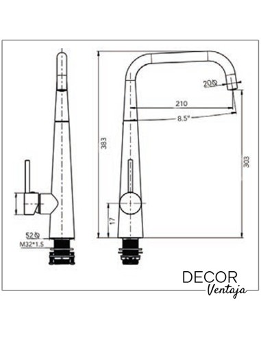 Grifo monomando de fregadero cromo. Modelo Cónico tubo recto. Medidas